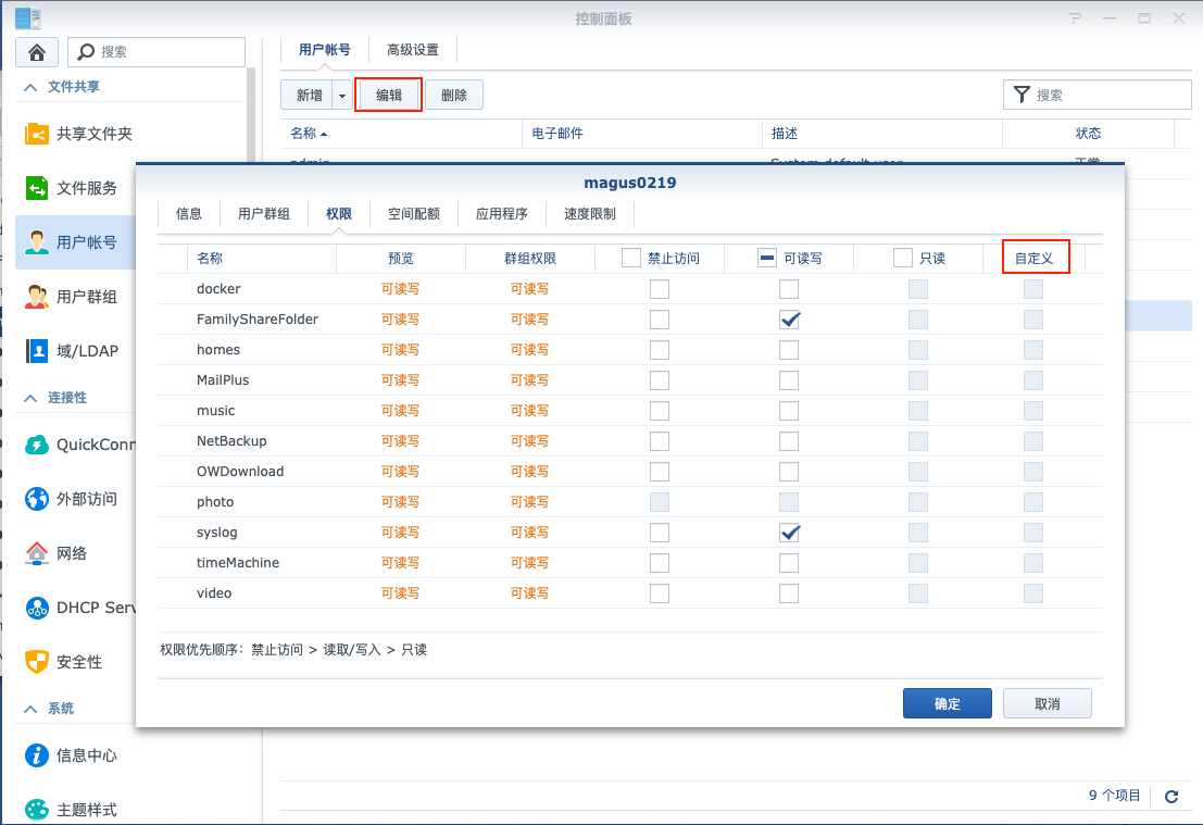 /images/nas_perm_folder.png 图4 控制面板->用户账号->编辑->权限